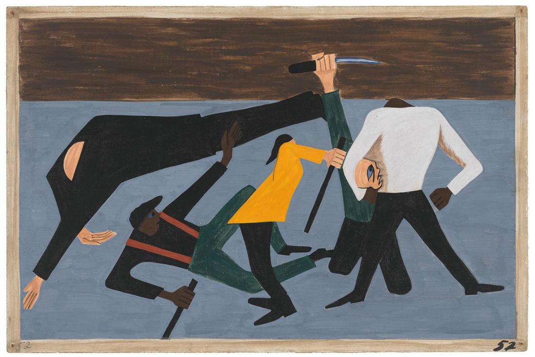 Jacob Lawrence. The Migration Series. 1940-41. Panel 52: "One of the largest race riots occurred in East St. Louis." (The Jacob and Gwendolyn Knight Lawrence Foundation, Seattle / Artists Rights Society (ARS), New York)